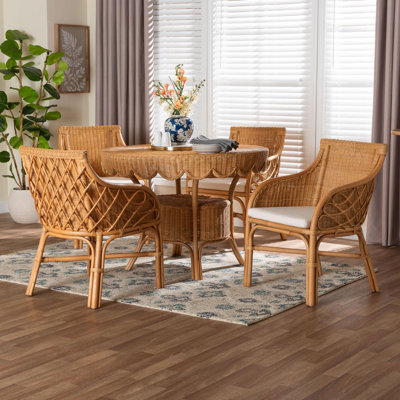 Bali & Pari Tudor 5-Piece Rattan Dining Set - Round Wicker Table With Scallop Edge And 4 Armchairs, Handwoven Boho Coastal Style For Dining, Kitchen O
