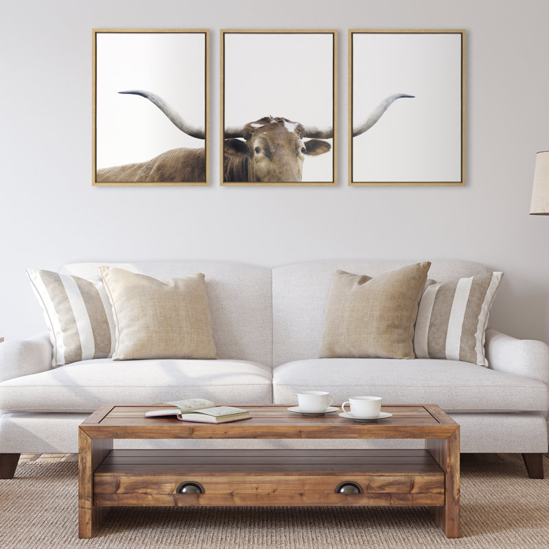 Sylvie Texas Longhorn 1 2 3 Framed Canvas by The Creative Bunch Studio 3 Piece 18x24 Natural
