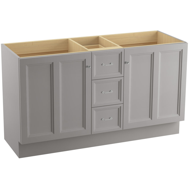 Meuble-lavabo Damask de 152 cm (60 po) avec plinthe, 2 portes et 3 tiroirs, Lin blanc