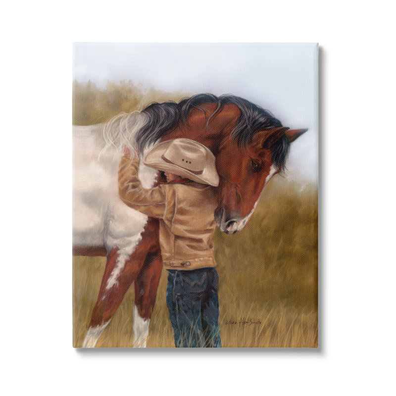 Garçon étreignant un cheval, peinture sur toile, H 48 po x l 36 po x P 1,5 po