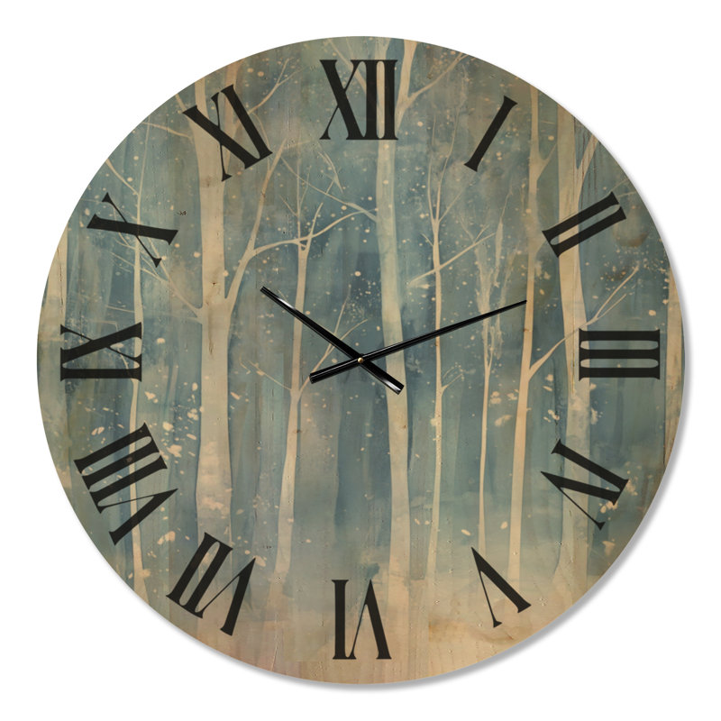 Grande horloge murale en bois sauvage - forêt d'hiver glacée en blanc et bleu, Surdimensionné