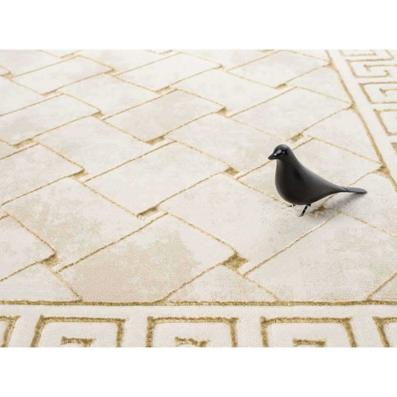 Tapis à bordure abstraite crème / or Ksamil Collection, Rectangle 5 pi 3 po x 7 pi 3 po
