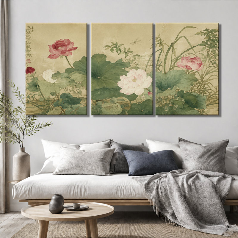 Impression sur toile avec 3 panneaux muraux rétro lotus, 20 * 30 pouces * 3