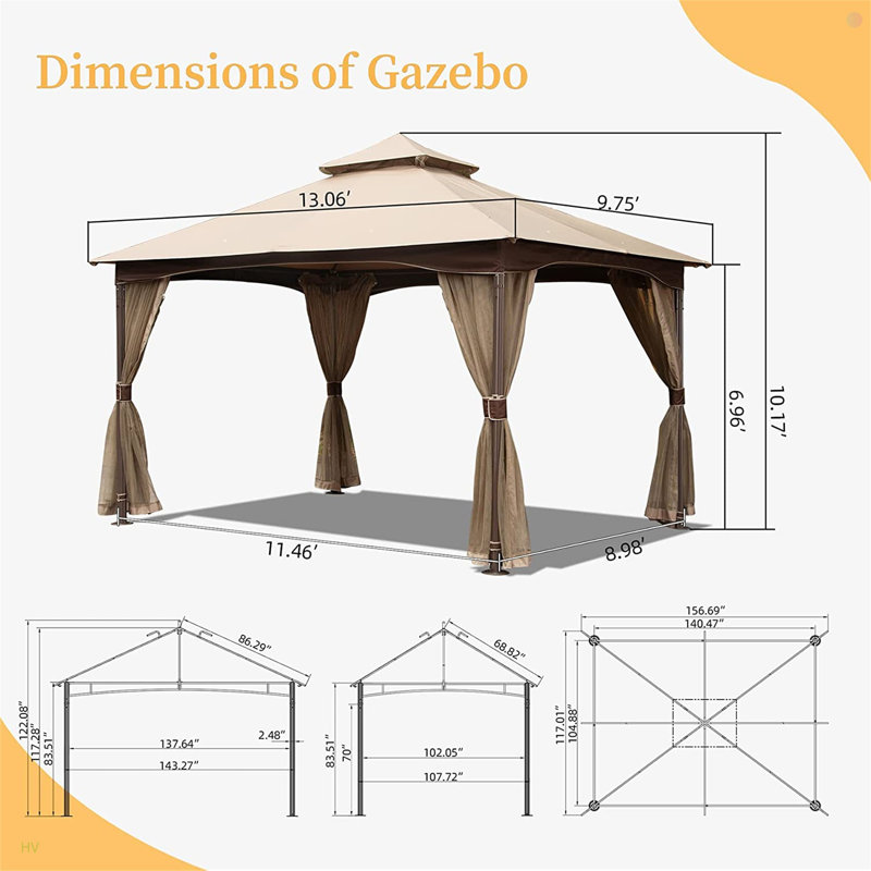 Pavillon de jardin extérieur avec moustiquaire, tente de pavillon de pavillon à toit souple à double toit à structure métallique pour pelouse de terrasse