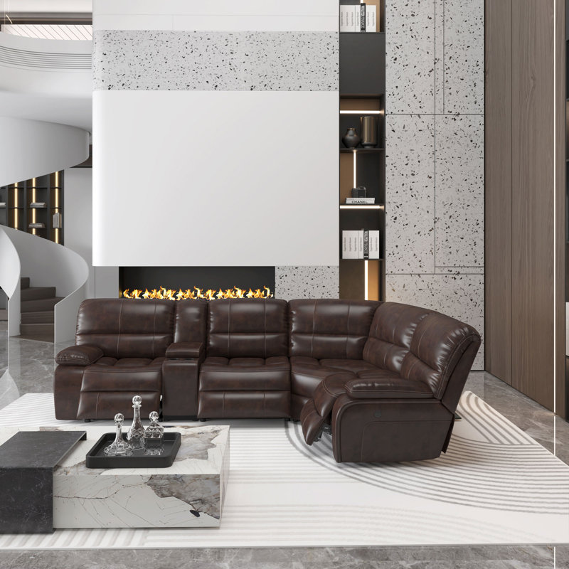 Culbreth 5-Piece Modern Fancy Faux Leather Power And Manual Reclining Sectional With Wide Back And Console