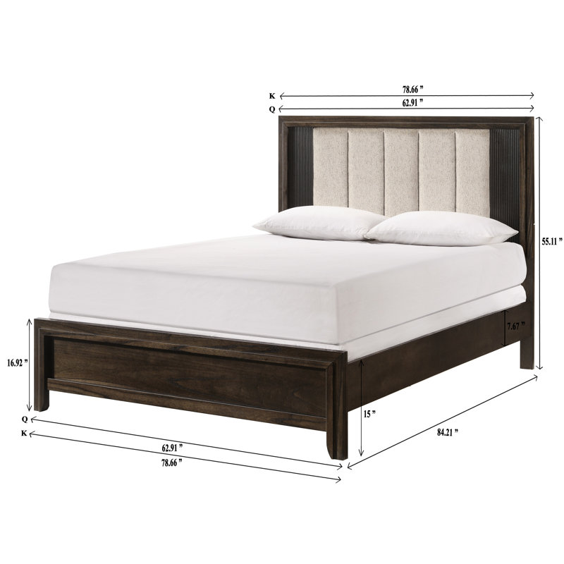 Grand lit, tête de lit tapissier, charme rustique, finition bois riche, esthétique contemporaine, style 1pc dans les tons bruns,