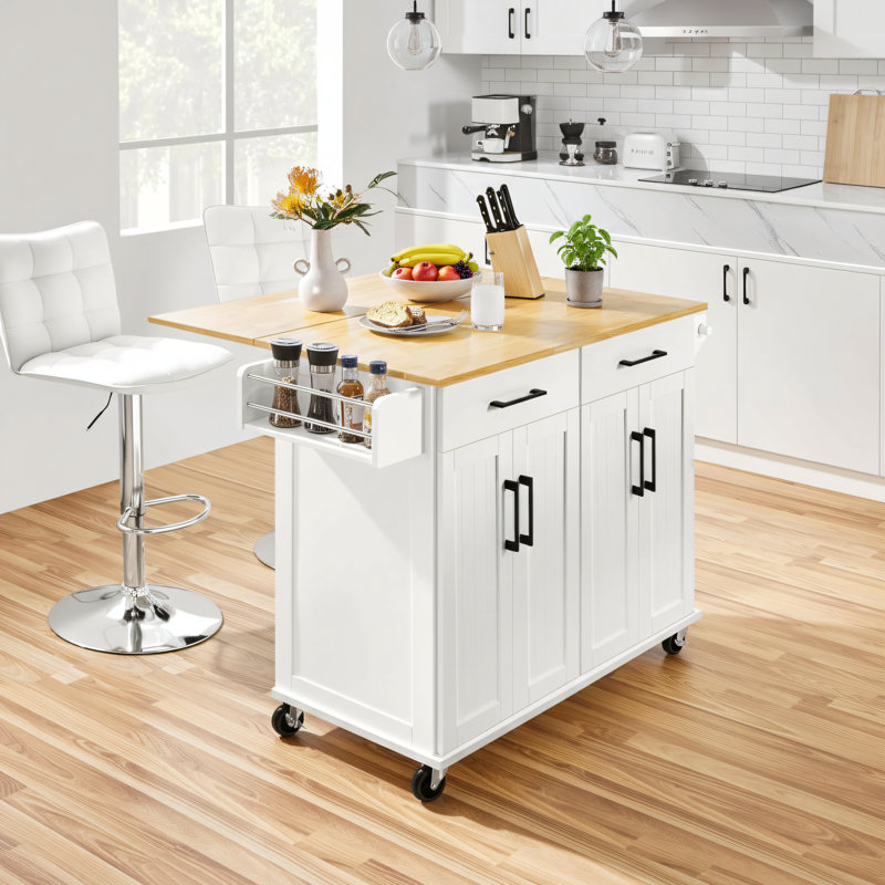 White 49.1-Inch Mobile Kitchen Island Trolley With Folding Tabletop, Drawer Storage, Rubberwood Countertop, Removable Towel Rack And Spice Rack.