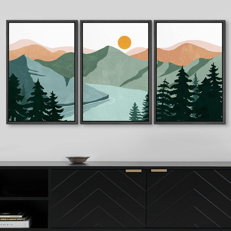 «Pastel Green Mountain Forest River», reproduction sur toile 3 pièces, H 36 po x l 72 po x P 1,5 po