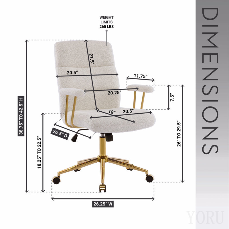 Chaise de bureau texturée en tissu blanc et doré Boucle, chaise de bureau moderne à hauteur ajustable avec accoudoirs rembourrés