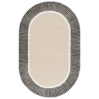 Beige Black Hand-Tufted Striped Wool Rug