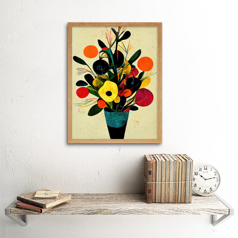 Autumnal Flower Bouquet Vase Midcentury Abstract - Painting, Light Brown Framed Paper, 43cm H x 33cm W