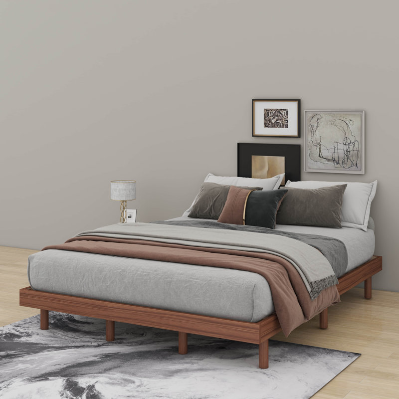 Lit plateforme flottant de conception moderne, Noyer, Grand lit