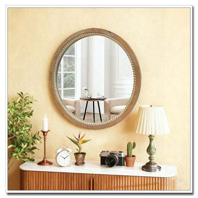 Miroir rond rond en bois patiné et perles, 23,62 "Farmhouse Vintage