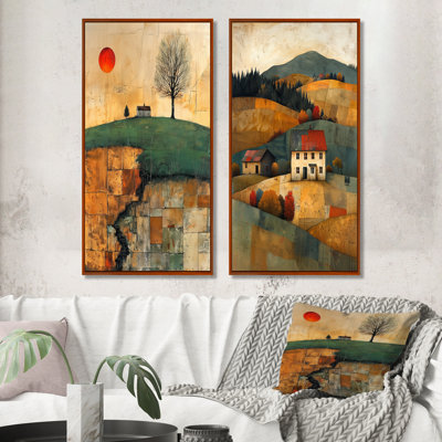 Brown Green Autumn Rural Country Home Sunset I - Farmhouse Wall Art 2 Pieces Set
