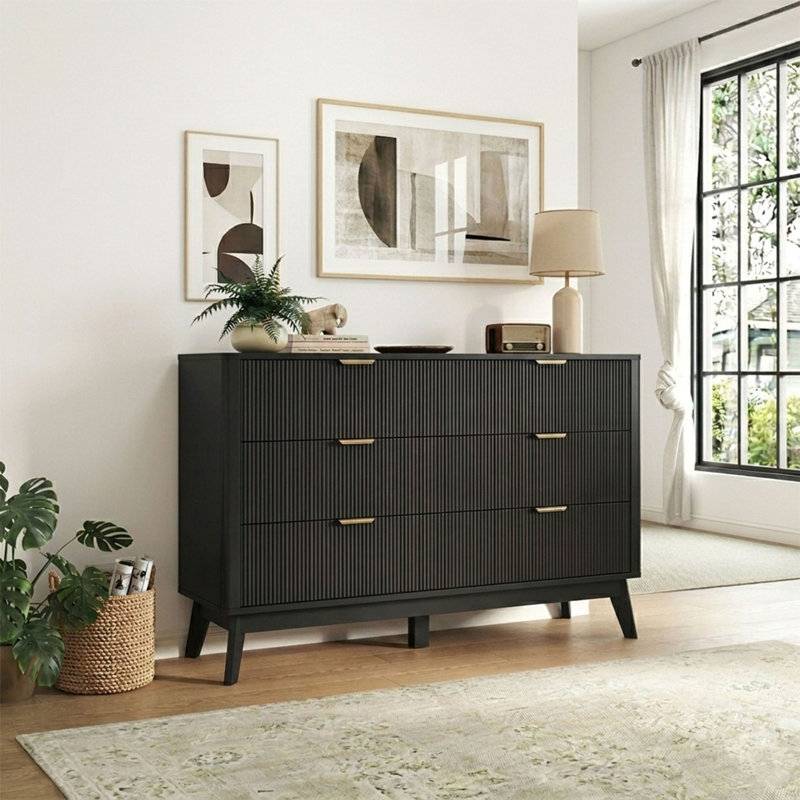 Fluted 6-Drawer Dresser 49.6'' Wide Wood Chest With Metal Handle, Black