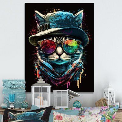 Art mural sur toile Cool Cat avec lunettes de soleil et chapeau I