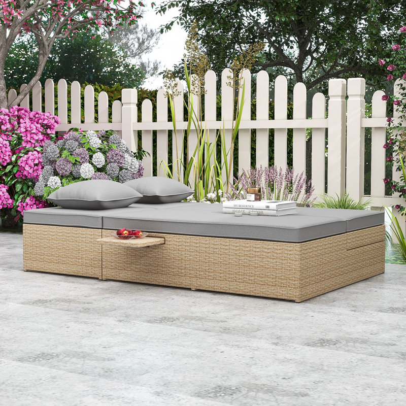 Chaise longue double inclinable en rotin toutes saisons avec dossiers réglables et plateaux pratiques, Gris clair / brun