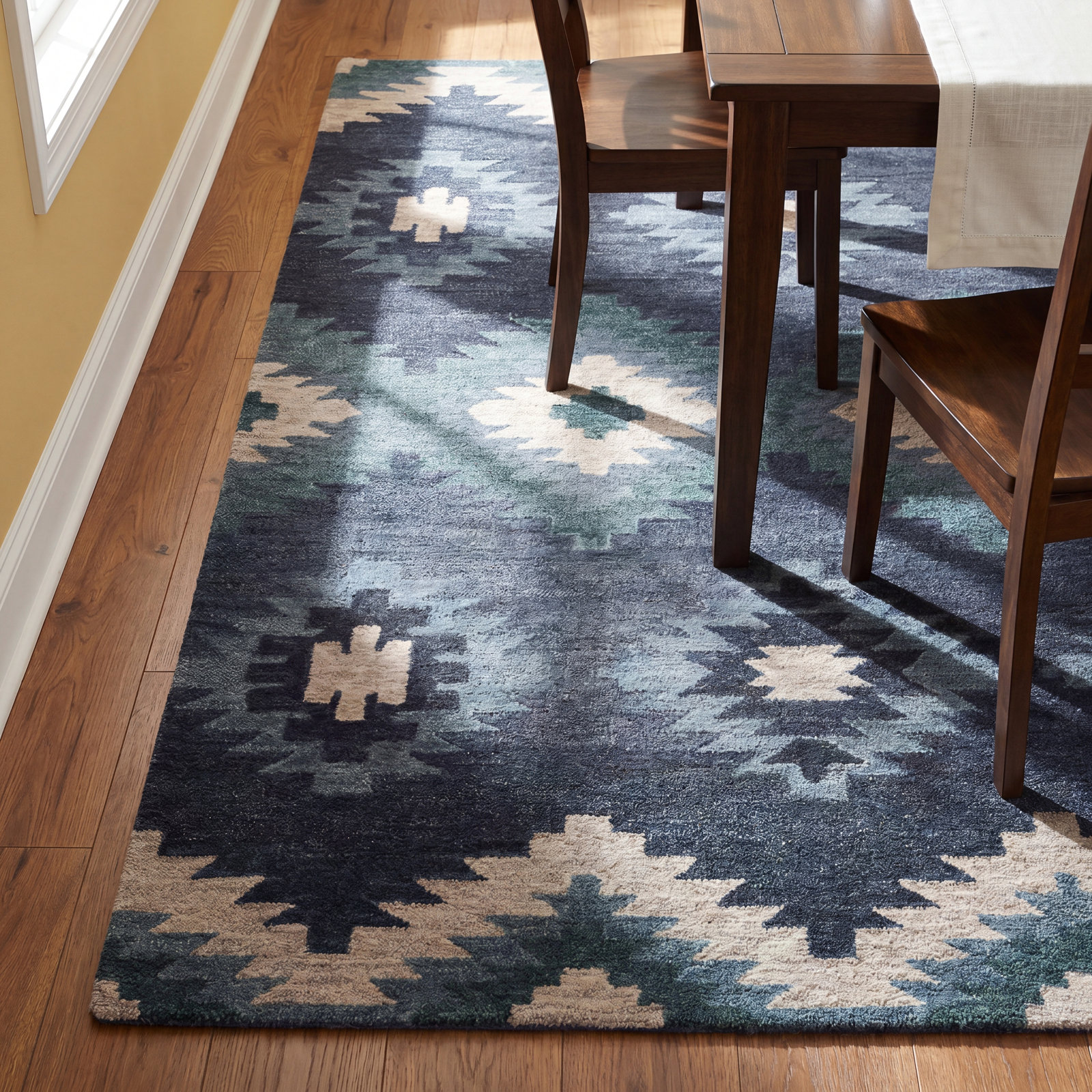 Doretta Blue Hand-Tufted Geometric Wool Rug, Rectangle 5' x 8'