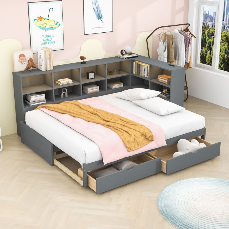 2 Drawers Twin XL to King Expandable Daybed with Shelves, LED Lighting and Charging Station, Gray