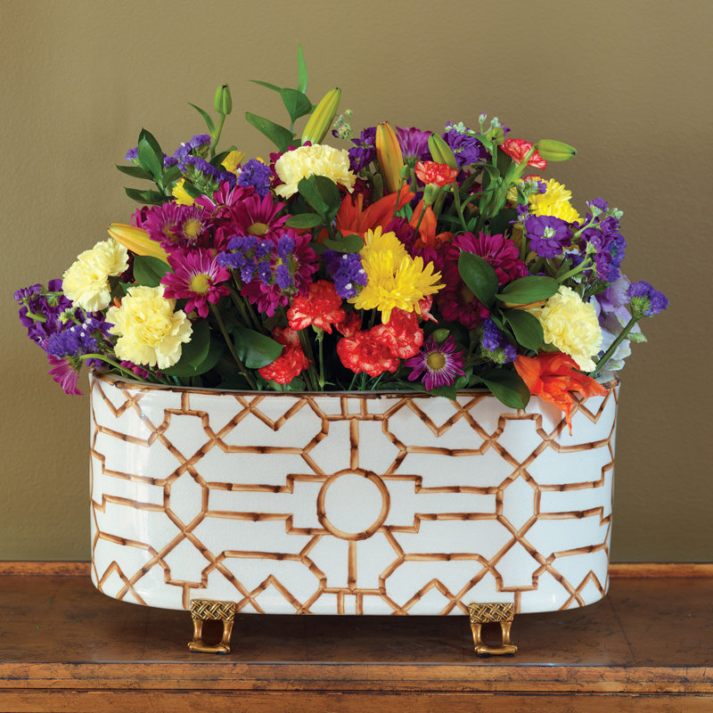 White and Gold Oval Ceramic Outdoor Planter
