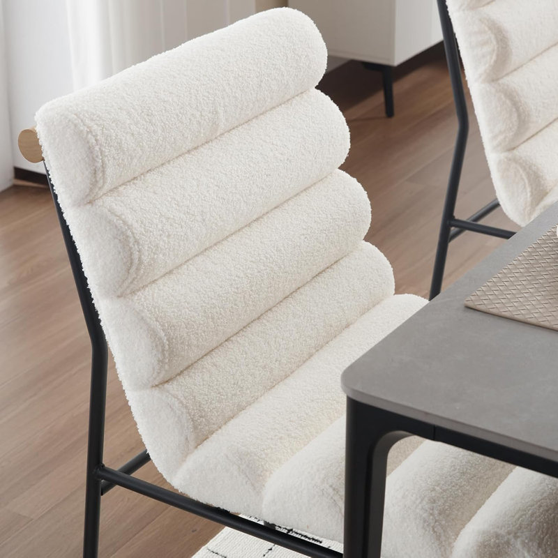 Boucle Channel Tufted Dining Chairs Set Of 2 With Metal & Wood Legs, White