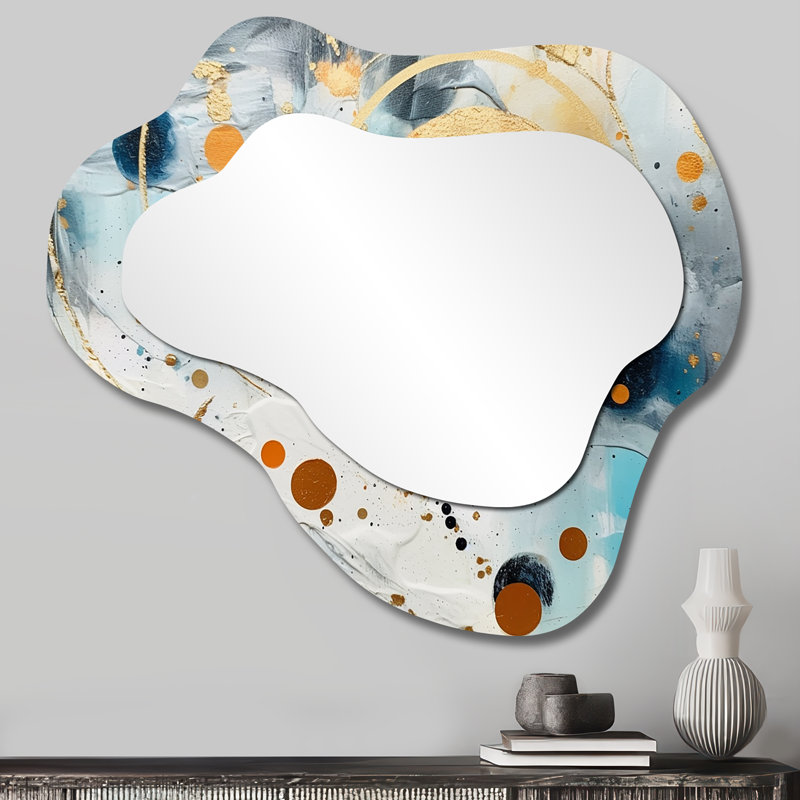 teal white and gold Abstract fight - Abstract Shapes Asymmetrical Unique Mirror, Blue Cloud Large Wall Mirror, Printed Metal Art