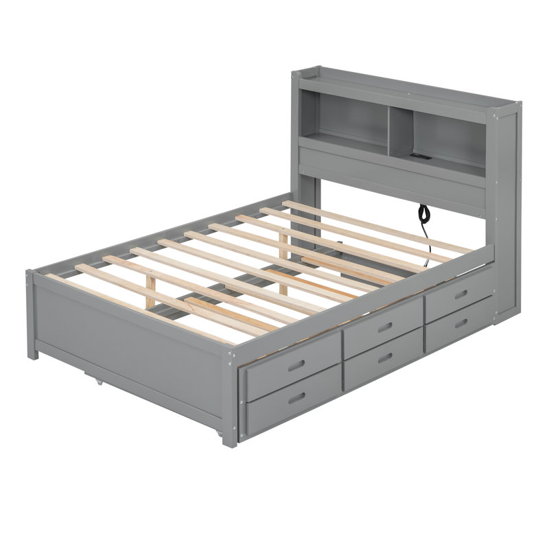 Full Size Platform Bed With Trundle, Drawers And USB Plugs, Grey, Gris