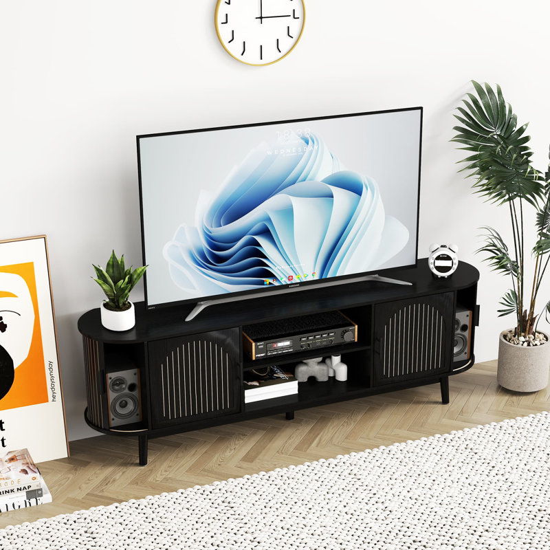51" Fluted Tv Stand For Tvs Up To 60", Mid-century Modern Entertainment Center With Sliding Doors For Living Room, Bedroom