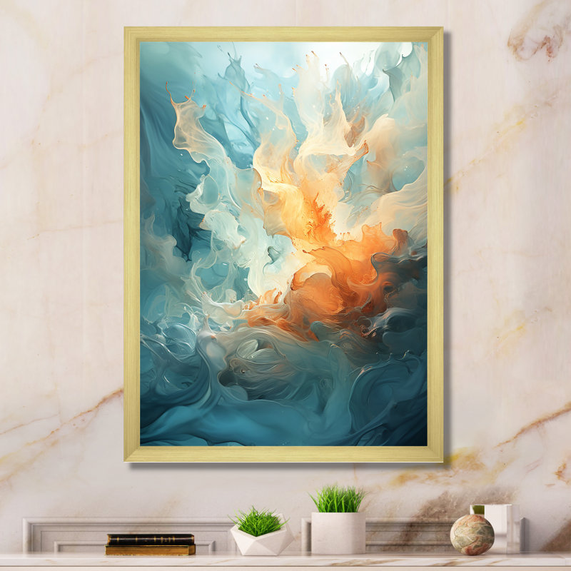Fusion marine et blanche II sur toile, Cadre doré simple, H 40 po x l 30 po x P 1,5 po