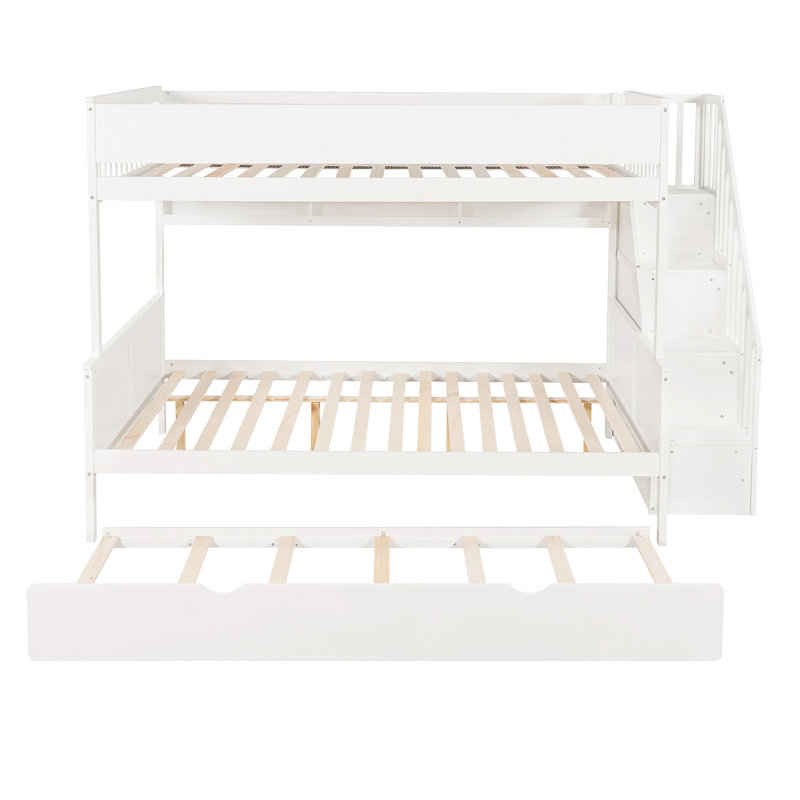 Full XL over Queen Bunk Bed with Storage Shelves and Staircase,Trundle and LED Light,White, White