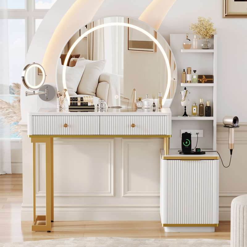 Coiffeuse avec miroir lumineux, miroir grossissant x5, plateau en verre et station de charge, blanche