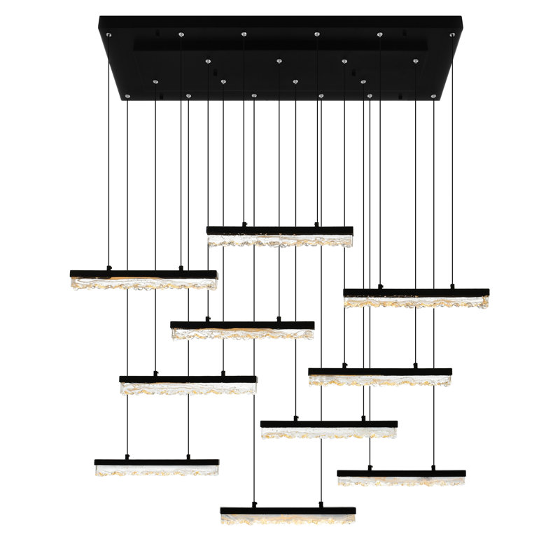 Integrated LED 48" Black Modern Chandelier with Handmade Textured Glass for Dining Room Foyer Bedroom Living Room, Black