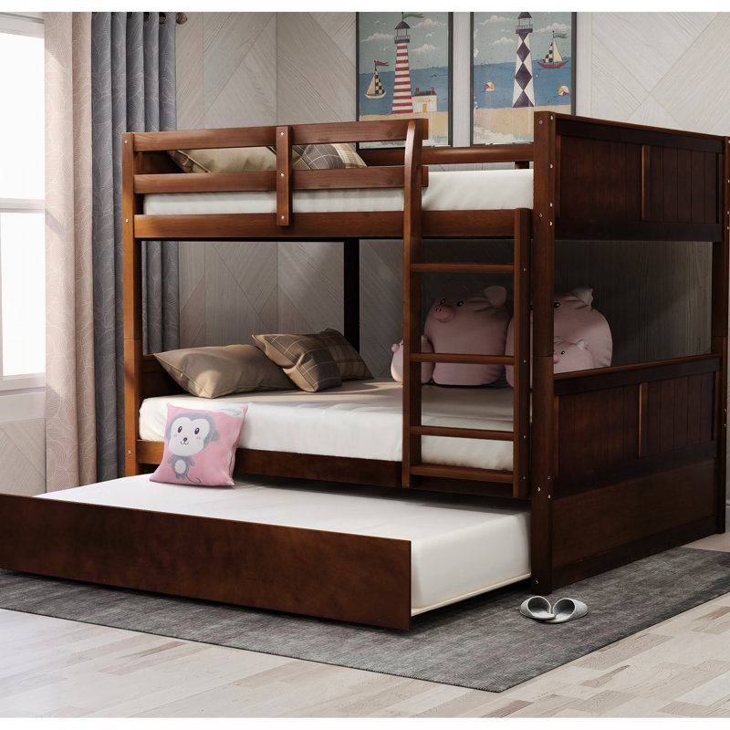 Lit superposé double en noyer avec lit gigogne simple pratique - peu encombrant, Walnut