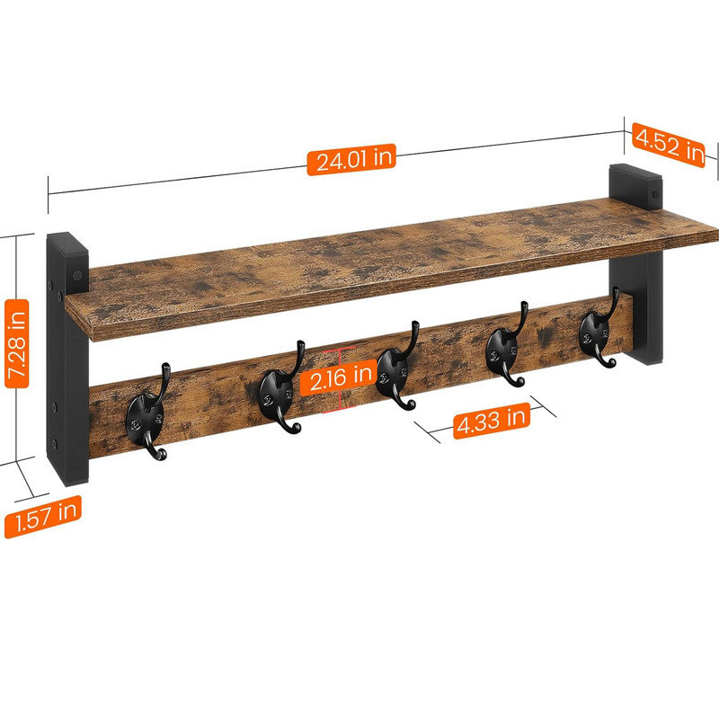 24'' Rustic Brown Wall Mounted Coat Rack with Shelf and Black Hooks
