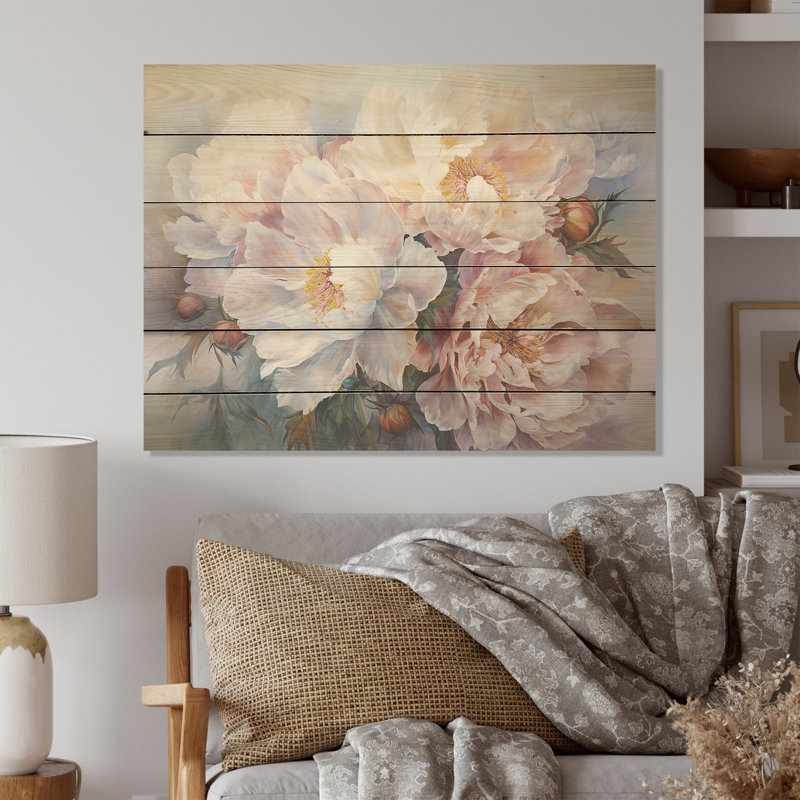 Charme de pivoines roses et blanches - Art mural en bois de pivoines sur bois de pin naturel, H 24 po x l 32 po