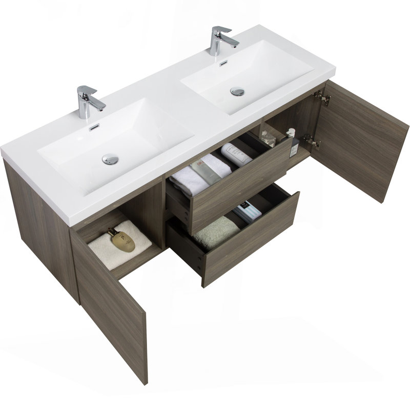 Meuble-lavabo flottant 60 po avec lavabo, meuble-lavabo mural moderne 60 po avec lavabo à surface solide, deux lavabos et tiroirs à fermeture en douceur