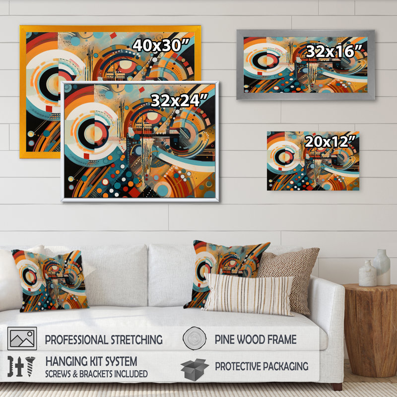 Orange et bleu, vibrations géométriques V - art mural moderne géométrique, salon, H 12 po x l 20 po x P 1 po