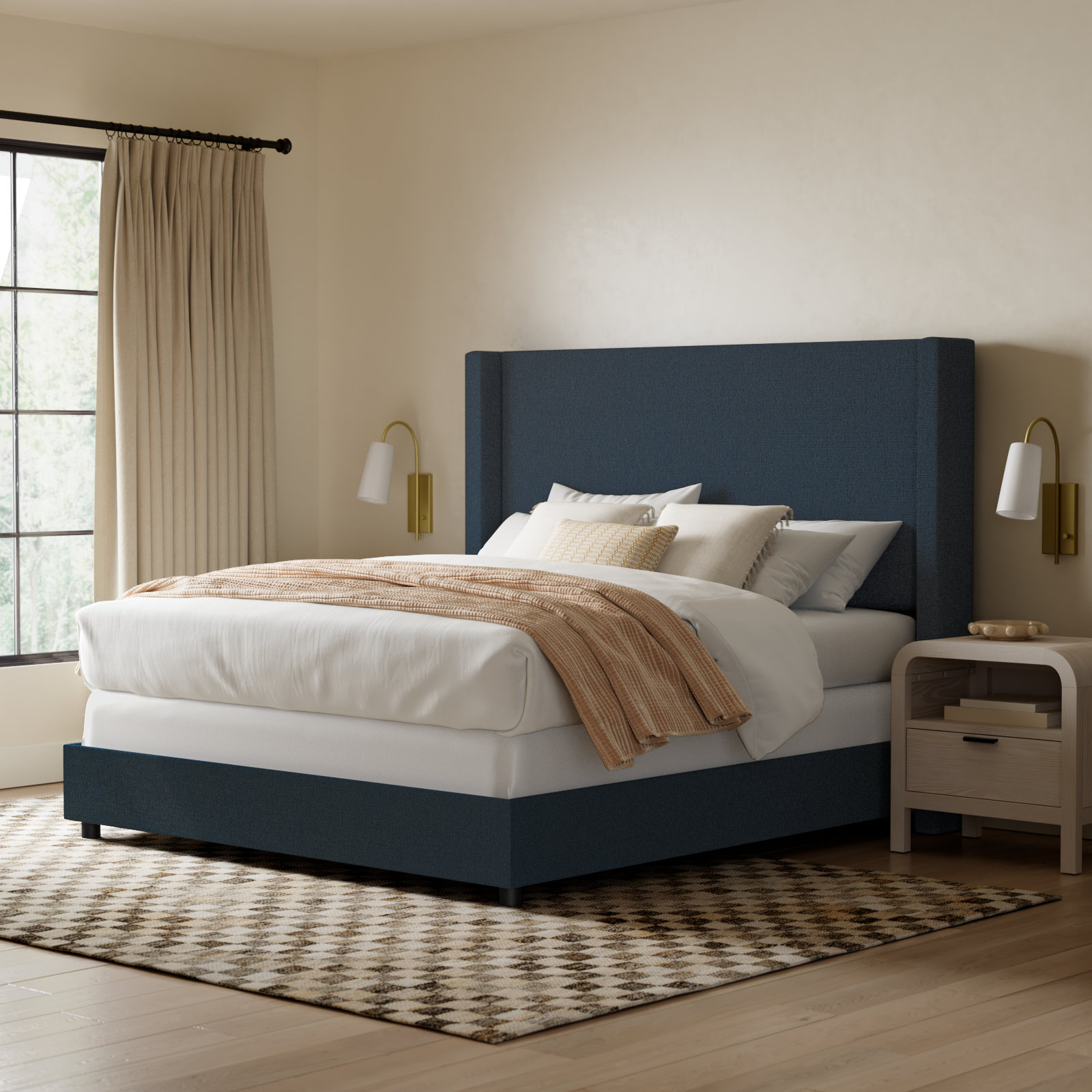 Hanson Linen Upholstered Wingback Bed, California King, Classic Navy Linen