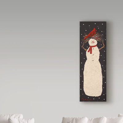 Art mural sur toile tendue - Mary Miller Veazie «Tall Snowman With Cardinal», art mural pour le salon, la chambre à coucher ou le bureau