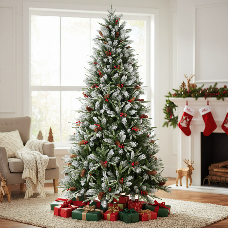 Arbre de Noël artificiel en forme de pomme de pin et de baies rouges, H 4 pi