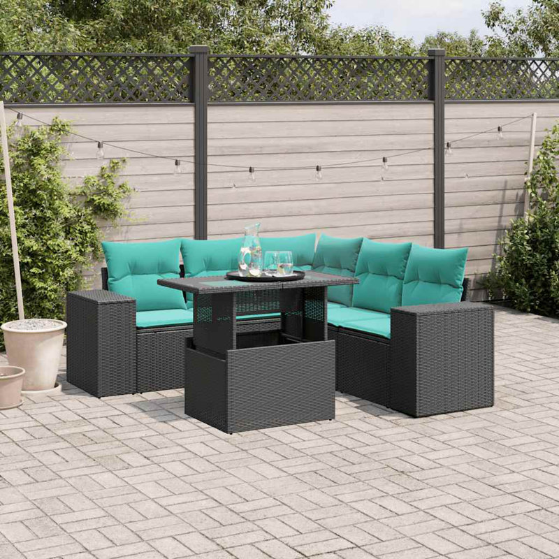 Ensemble de canapé de patio 6 pièces avec coussins en rotin de polyester, Bleu clair, Noir