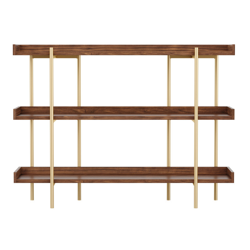 Walnut Wood Grain 3-Shelf Bookcase with Polished Brass Frame
