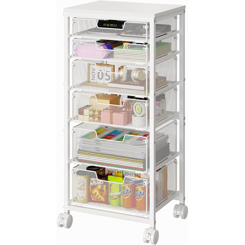 Chariot utilitaire roulant 6 tiroirs, chariot de rangement roulant avec plateau en bois, chariot de rangement sur roulettes verrouillables, chariot de bricolage pour chambre à coucher, salle de classe, bureau, blanc