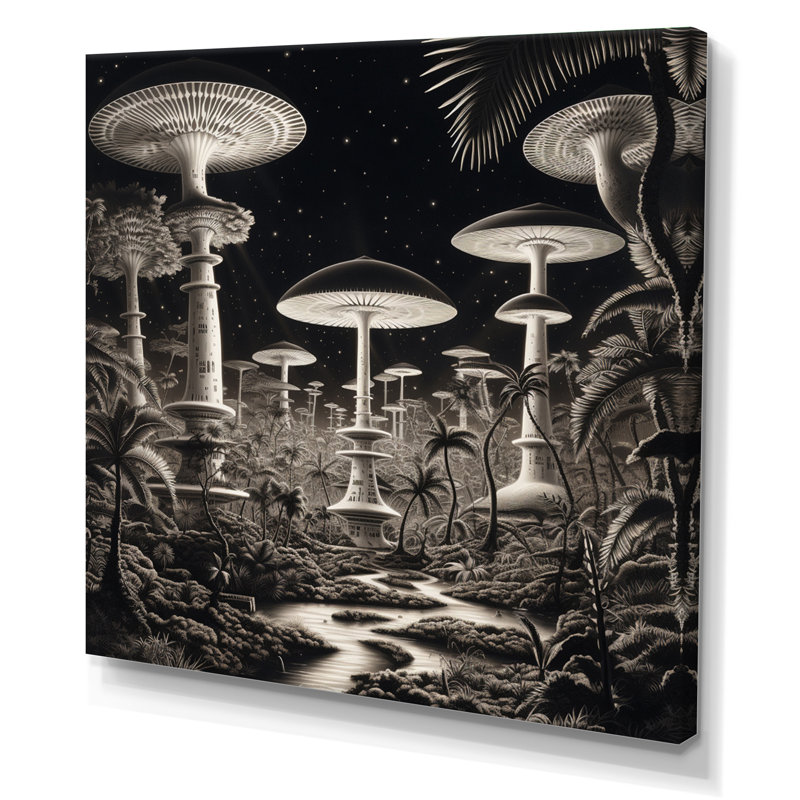 Champignons magiques énigmatiques en noir et blanc - imprimé, 36" H x 36" W, Toile tendue