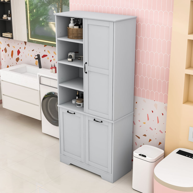 Élégante armoire de rangement pour salle de bain avec paniers à linge inclinables, tablettes réglables et anti-basculement