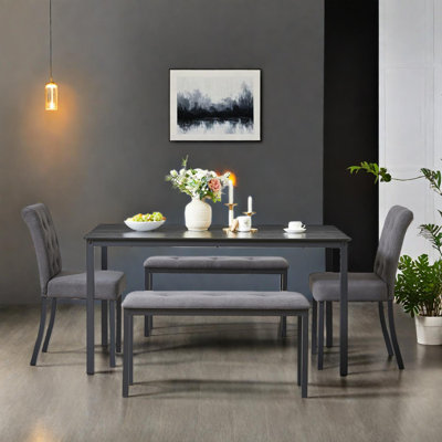 Ensemble de salle à manger 5 pièces avec table, chaises et bancs de style rustique moderne