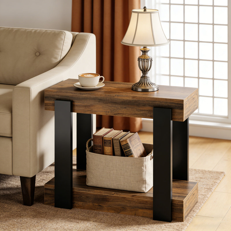 Table de bout à 2 niveaux, table d'appoint avec tablette de rangement Farmhouse