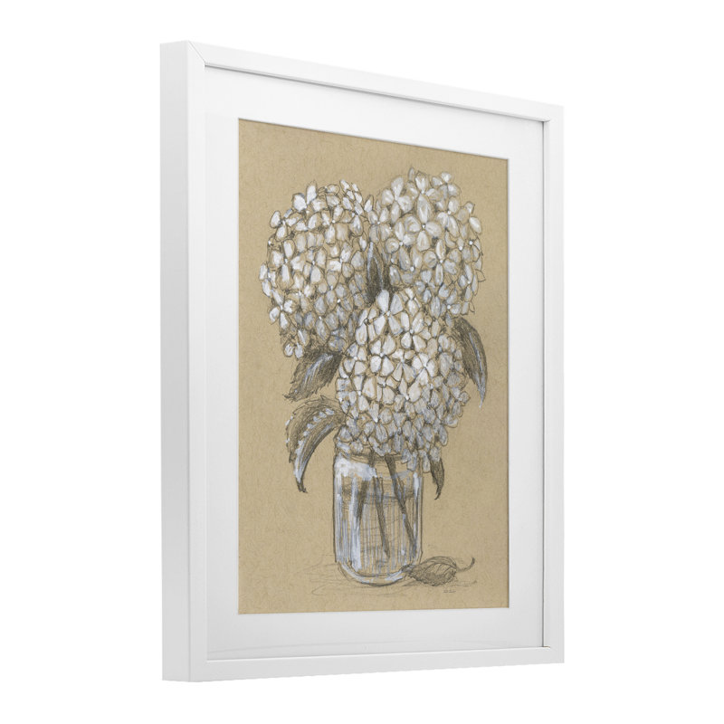 Hydrangea Jar, reproduction d'art encadrée sous verre, conception de Patti Bishop, H 16 po x l 13 po, Cadre blanc côtier