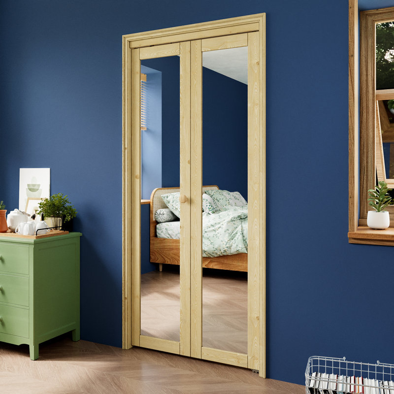 Pine Wood Unfinished 1 Lite Mirror Bi-Fold Door With Hardware Kit, 36" x 80"