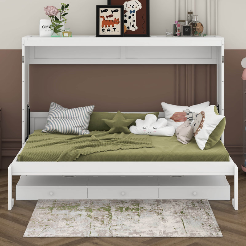 Grand lit escamotable mural avec rangement, lit armoire pliable avec bureau de coiffeuse, miroir central et 2 tiroirs latéraux